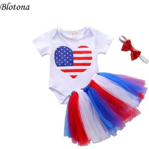 Blotona Baby Girls independence Day Clothes Set Love Heart Print Short Sleeve O-neck Romper+Tutu Skirt+Sequins Headband 3Pcs Set