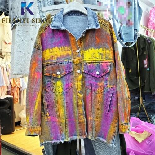 Jeans Jacket Women Streetwear Fashion Gradient color Graffiti Denim Jacket Pocket Lapel Loose Jeans Coat Female Harajuku Jackets