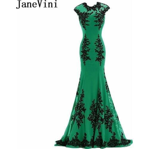 JaneVini Elegant Green Mermaid Bridesmaid Dresses Beaded Black Lace Appliques Chiffon Prom Dresses Long Sweep Train Party Gowns