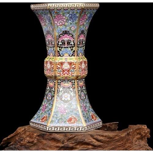 Enamel Qianlong Year of the Qing Dynasty Golden Hexagonal Vase Antique Porcelain Collection of Antique Porcelain