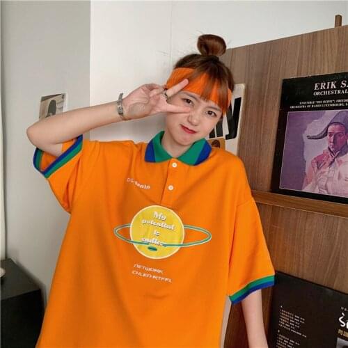 Harajuku Planet Graphics Womens Polo Tshirt Kawaii Oversize Preppy Style Aesthetic tShirt Goth Clothes Korean Clothing For Girl