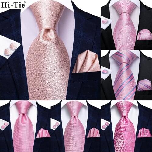 Hi-Tie Solid Peach Pink Coral Mens Silk Wedding Tie Fashion Designer Gift Necktie For Men Quality Hanky Cufflink Business Party