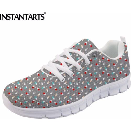 INSTANTARTS Happy Pills Grey Sneakers Women Casual Flat Mesh Shoes Breathable Comfort Female Lace Up Flats Ladies Zapatos Mujer