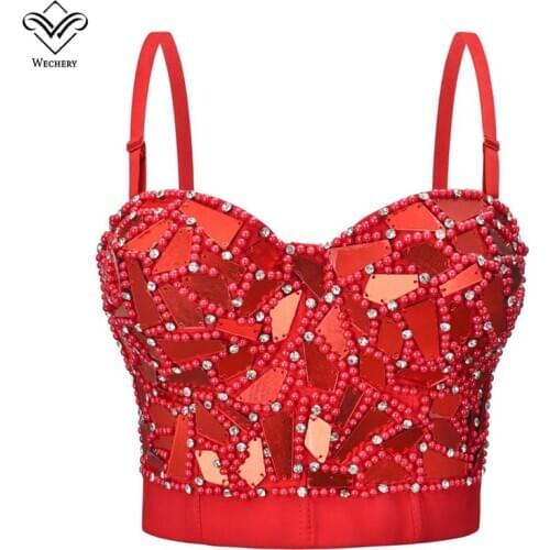 Beaded Mirror Bustiers Steampunk Corsets Tops Women Halloween Ballroom Gothic Clothing Cropped Blouse Short Red