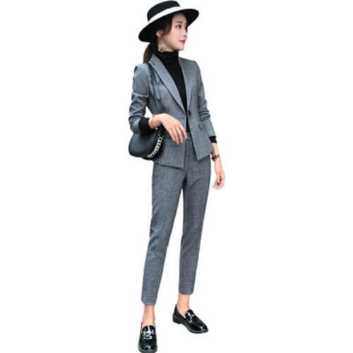 Fashion Suit suit female spring New high quality Long-sleeved temperament professional dress dress gray feet pants two-piece