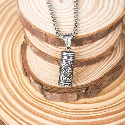Mens Hip Hop Silver Color Necklaces Mantra Cylinder Necklace Pendant Chain Necklace Titanium Steel Ancient Punk Party Gifts