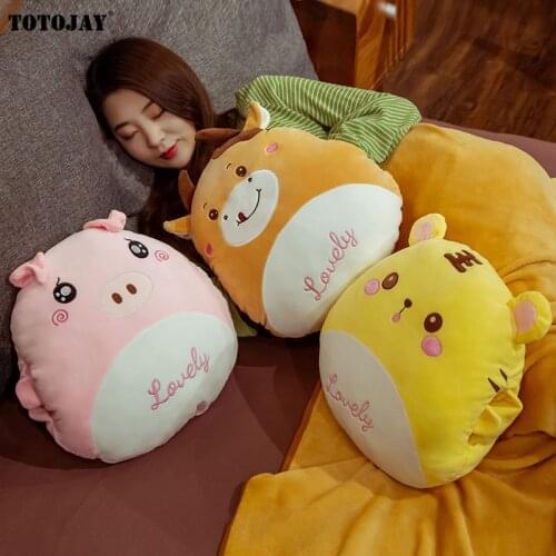 Squishy Stuffed Animals 3 In 1 Pillow with Blanket Kawaii Plush Husky dog Bunny Cattle Pig Cats Toys for Children Cartoon Gift