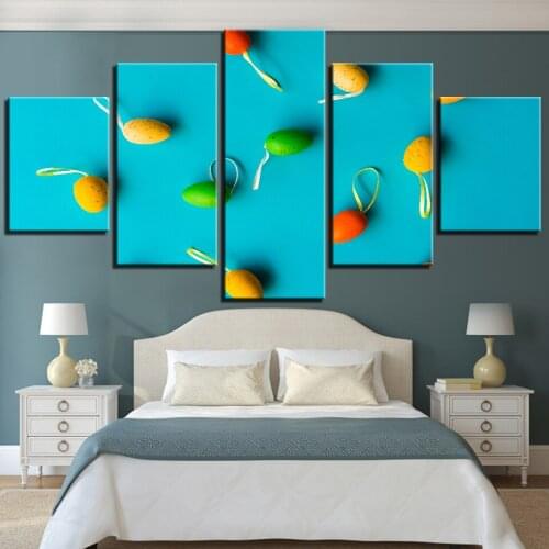 Wall Art Canvas Painting Printed Pictures Living Room 5 Pieces Colorful Easter Day Eggs Blue Poster Restaurant Cafe Home Decor