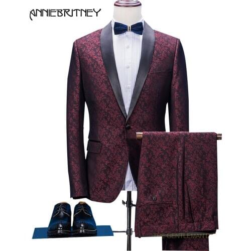 2018 New Brand Burgundy Pattern Men Suit Formal Floral Slim Fit Marriage Groom Blazer Prom Gentle Tuxedo 2 Piece Terno Masculino
