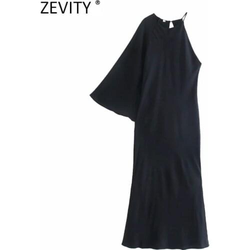 ZEVITY New Women Elegant Asymmetric Single Sleeve Slim Black Midi Dress Lady Chic Hem Ruffles Casual Club Party Vestido DS8831
