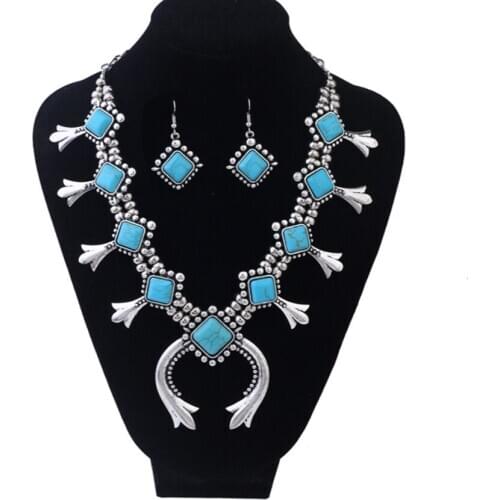 Silver Plated Stackable Rhombus Shape Pendant Green Turquoises Stone Necklace Earrings Geometric Jewelry Sets