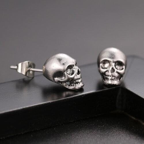 Punk Skull Earrings for Men Boys Cool Silver Color Jewelry Hip-hop Stud Earrings Vintage Rock Punk Skeleton Halloween Earrings