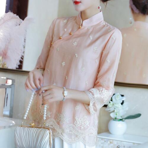 Spring Fall Chinese Women Clothes , Vintage Womens Cheongsam Top Blouse , Embroidery 3/4 Sleeve Qipao Tops Shirts for Woman