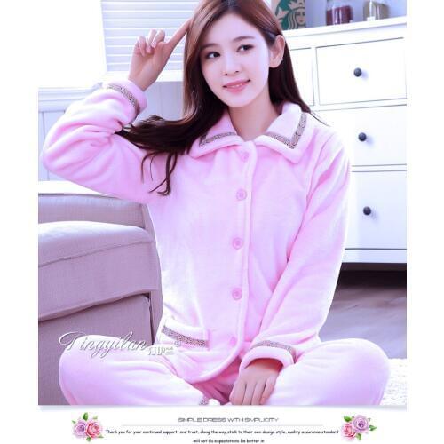 Lady Warm Flannel Homewear Womens Coral Fleece Pajamas Set Girls Winter Warm Sleepwear Pyjamas Mujer Flannel Pajamas B-2112