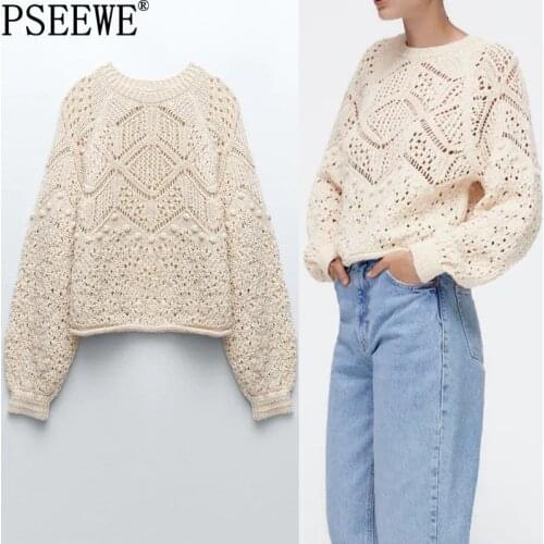 PSEEWE Za Women Sweater Beige Cut Out Knitted Sweater Woman Long Sleeve Pullovers Autumn Jersey Fashion 2021 Crop Knit Top