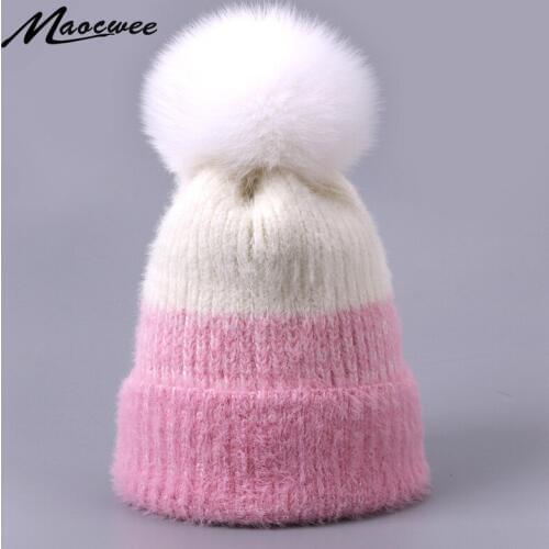 Winter Casual Solid Beanie Hat For Women Female Real Fox Fur Pom Pom Skullies Caps Winter Warm Soft Knitted Hat Bonnet Green Cap