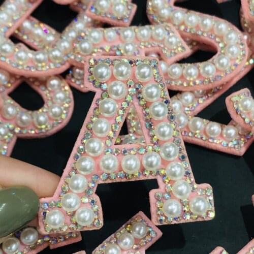 1Pcs Pink Pearl Rhinestone English Letter Alphabet Sew Iron On Patch Badge 3D Handmade Letters Patches Bag Jeans Applique DIY