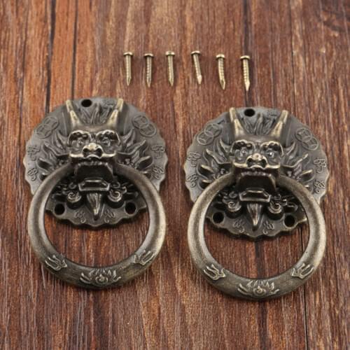 2Pcs Cabinet Dresser Drawer Wood Box Knobs Ring Handle Vintage Dragon Head Furniture Door Pull Handle Hardware with Nails