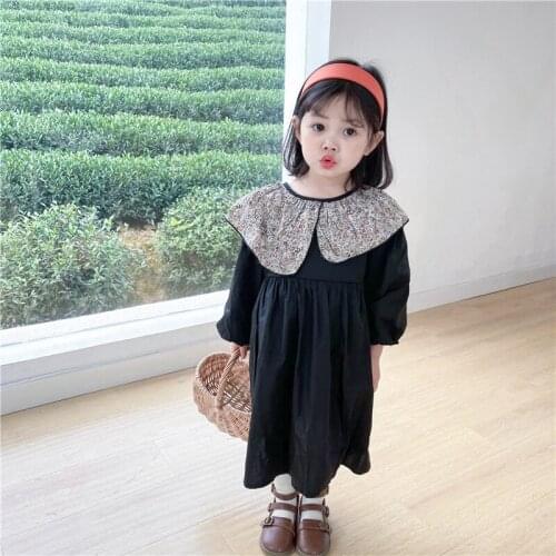 2021 Spring Girls Pastoral Style Floral Dress Kids Large Lapel Lantern Sleeve Long Sleeve Dress Girl Baby Cotton Princess Dress