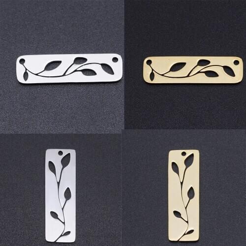 5pcs/lot Real Stainless Steel Bar Charm with Hollow Out Leaf for DIY Jewelry Making Necklaces Bracelet Accessories