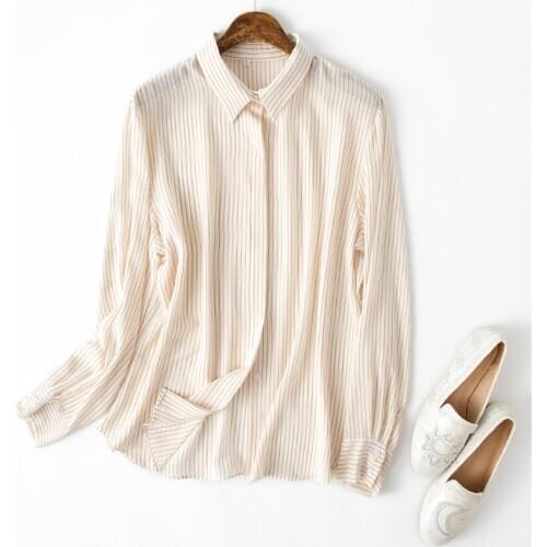 Women Summer 100% Silk Simple stripes Blouse Long sleeve office wear casual natural silk blouses print real silk shirt tops