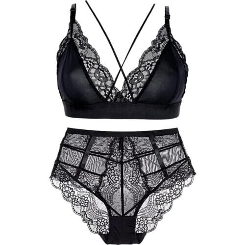 Black wire free cross strap sexy bra set ladies ultra thin lace breathable comfortable high rise panties 2 pieces/pack CYHWR