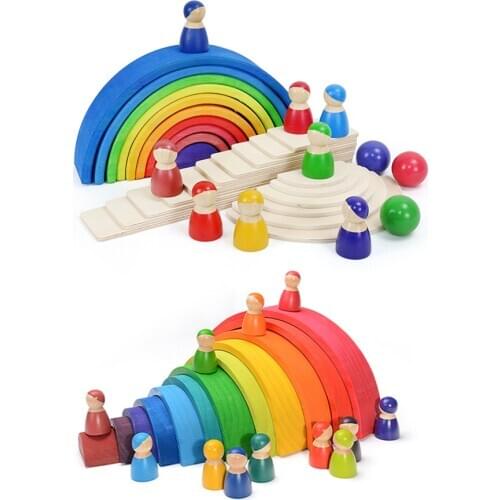 Baby Toys Large size Rainbow Building Blocks Wooden Toys For Kids Creative Rainbow Stacker Montessori Educational Toy Children