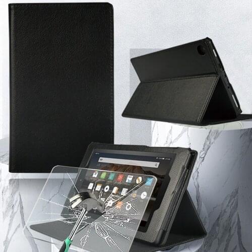 For Amazon Fire 7/Fire HD 8 /Fire HD 8 Plus /Fire HD 10 PU Leather Anti-fall Dust-proof Front Bracket Cover+Tempered Film+Stylus