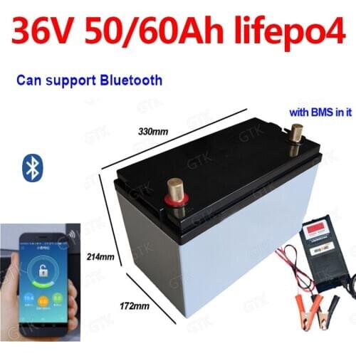 GTK waterproof 36V 60AH Lifepo4 36V 50Ah lithium battery with BMS for 1500W scooter bike Tricycle Solar golf cart +10A charger