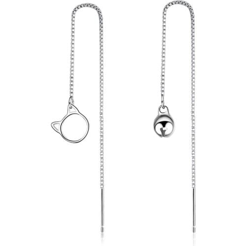 KOFSAC New Fashion 925 Sterling Silver Earrings For Women Girl Christmas Party Jewelry Gifts Cute Cat Bell Ear Line Earring 305