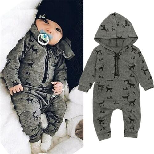 2019 Winter Warm Newborn Baby Boys Hooded Romper Jumpsuit Infant Clothes Outfits Set Cartoon Deer Print Infant Clothing