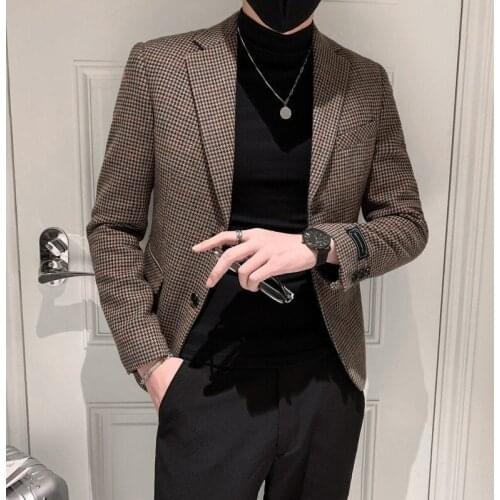 Korean Male Blazer Suit Slim Coat Chaqueta Hombre Formal Blazer Hombre Brand Men Stylish Blazer 2021 Autumn Plaid Blazer For Men