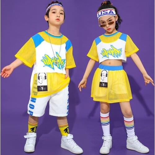 Kids Hip Hop Performance Clothes Boys Street Dance Costume Short Sleeve Hiphop Suit Girls Jazz Dance Outfit Rave Clothes BL5877