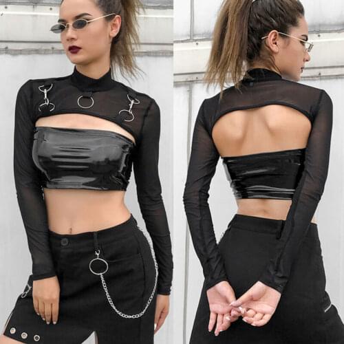 Summer Sexy See Through US Women Lady Mesh Long Sleeve O Neck Crop Tops T-Shirt Sexy Girls Autumn