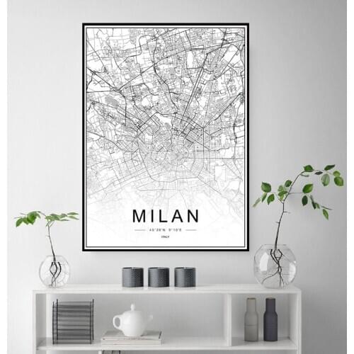 Milan Rome Italy Florence Venice City Map Print Painting Black and White Engraving Minimalist Art Room Wall Decor Poster