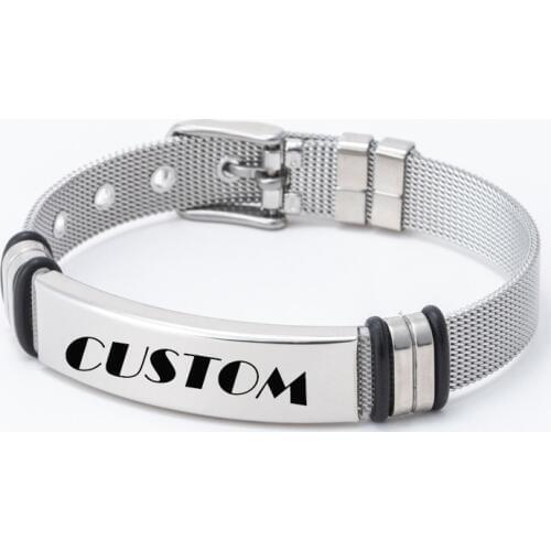 Stainless Steel Customized Mens Bracelets Engraved Name Date Bracelet Wristband Male Bileklik Bangles