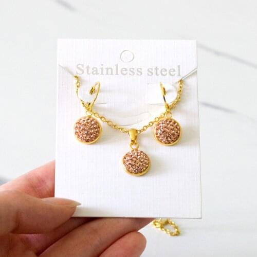 316L Stainless Steel Round Rhinestone Pendant and Earrings Set Gold Color Fashion Jewelry Set for Women Girl Fashion Gift