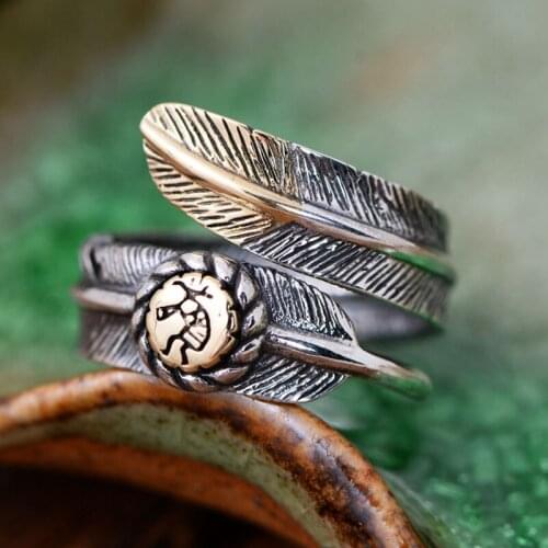 MeibaPJ Real S925 Sterling Silver Vintage Thai Silver Traditional Feather Opening Couple Ring Exquisite Party Jewelry