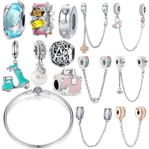 Fit Europe Bracelet Silver 925 Original Enamel Luggage Motorbike Heart Beads Cat Safety Chain S925 Zircon Clover Star Charms