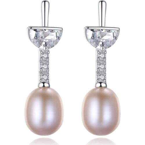 MetJakt S925 Sterling Silver with 3A Zircon 7-8mm Freshwater Pearl Simple Cool Womens Ear Pendant