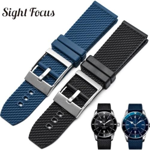 22mm Black Blue Rubber Watch Band for Breitling Superocean Heritage AB201012 Navitimer Avenger Rubber Watch Straps Bracelets Uhr