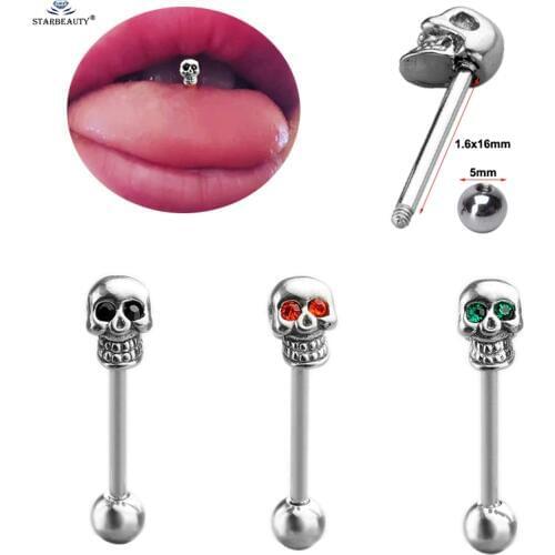 Starbeauty 1pc Black Eye Skull Tongue Piercing Tongue Ring Stainless Steel Nipple Ring Industrial Piercing langue Body Jewelry