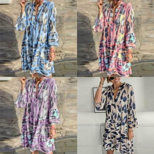 2021 printed v-neck pleated loose waist long-sleeved thin autumn temperament dress
