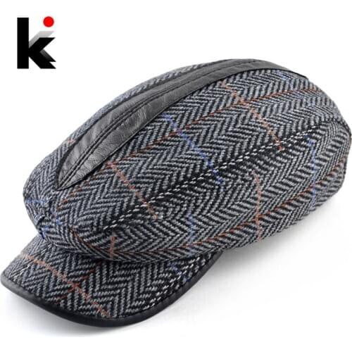 Vintage Berets Men Fashion Striped Peaked Caps Leather Stitching Boina Hats Mens Wool Newboy Caps Autumn Winter Flat Visor Cap