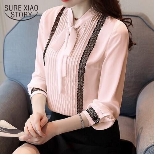 New Spring Long Sleeved Blouses Women Tops V-neck Bow Chiffon Shirts Office Lady Style Lace Sweet Women Clothing D472 30