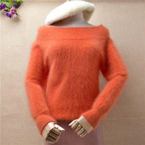 Ladies women fashion hairy fluffy mink cashmere slash neck long sleeves slim pullover angora rabbit fur winter jumper sweater