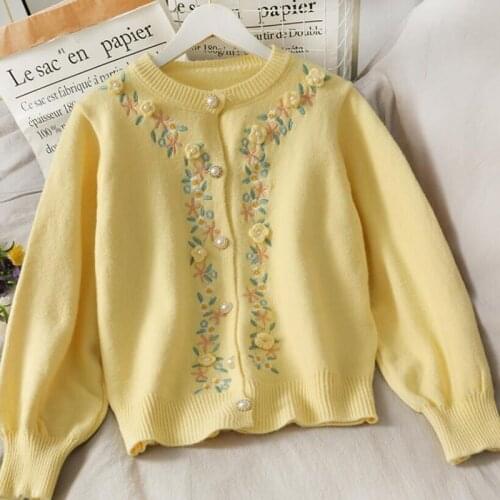 2021 Autumn Winter Women Cardigan Warm Knitted Sweater Jacket Sweet Flowers Embroidery Knit Cardigans Coat Lady Loose Sweaters