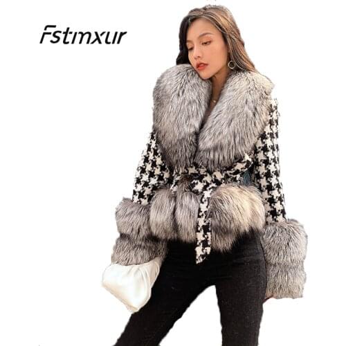 2021 Women Autumn Winter Short Mink Coat, New Jacket, Fox Fur Whole Fur Collar Fur Plover Check Wool Woollen Coat