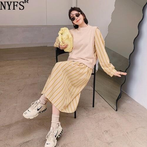 NYFS Autumn Dress 2021 Korean New Loose Woman Dress Vestidos Robe femme Elbise Fashion Two-piece set Striped shirtdress+Vest