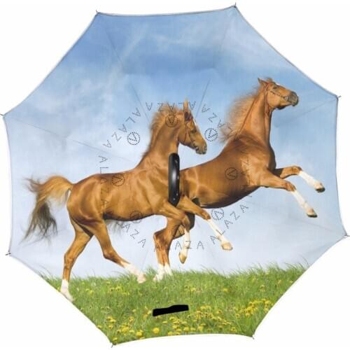 Horse Reverse Umbrella Double Layer Pongee Fabric Adults Umbrellas C-Hook Handle Car Umbrella Windproof Waterproof Useful